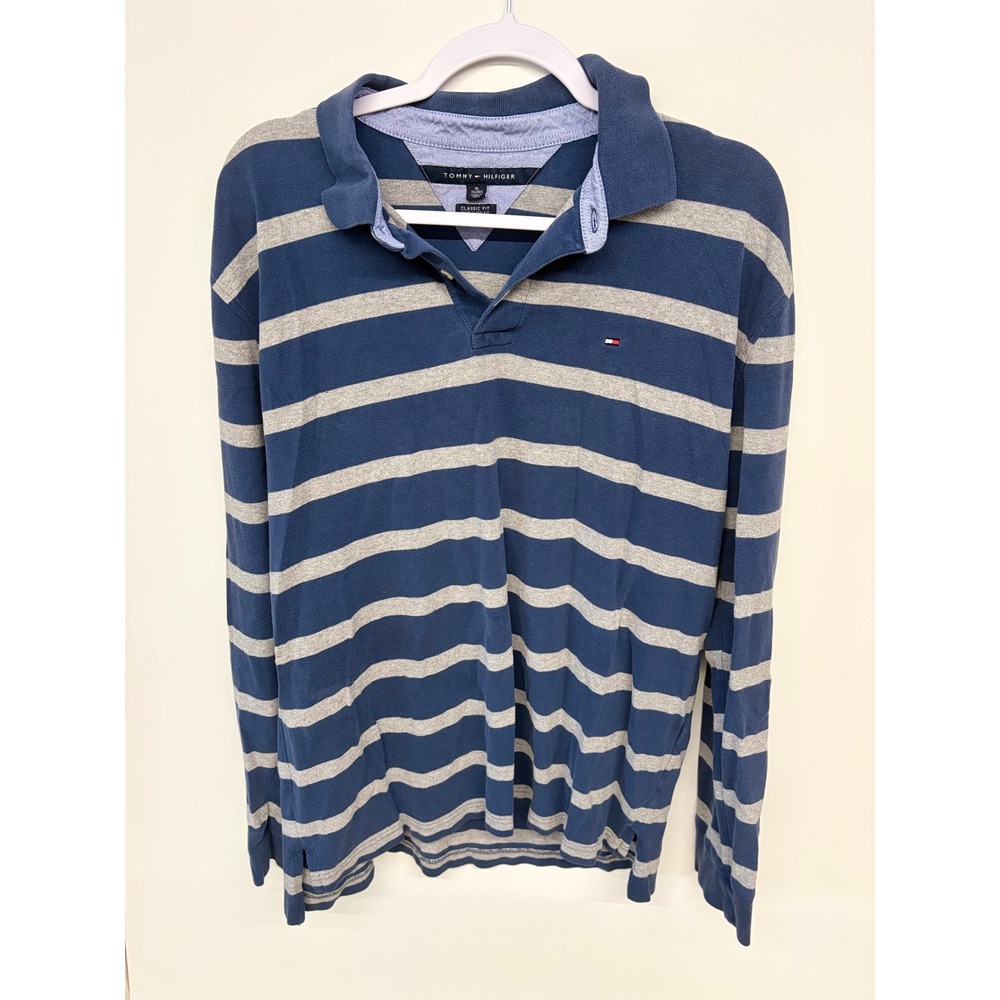 Rugby Blokecore 90s Polo Long Sleeve Striped Tommy Hilfiger Men XL Blue Grey